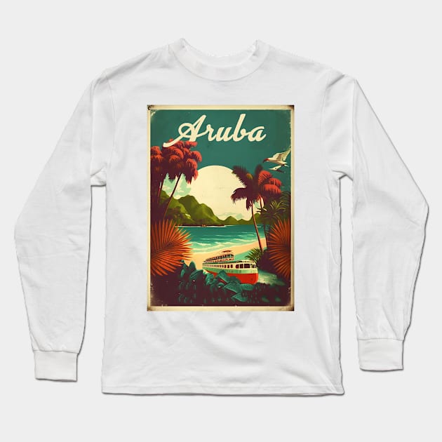 Aruba Caribbean Vintage Travel Art Poster Long Sleeve T-Shirt by OldTravelArt